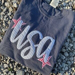 Applique Embroidery Denim Blue USA Patriotic Short Sleeve
